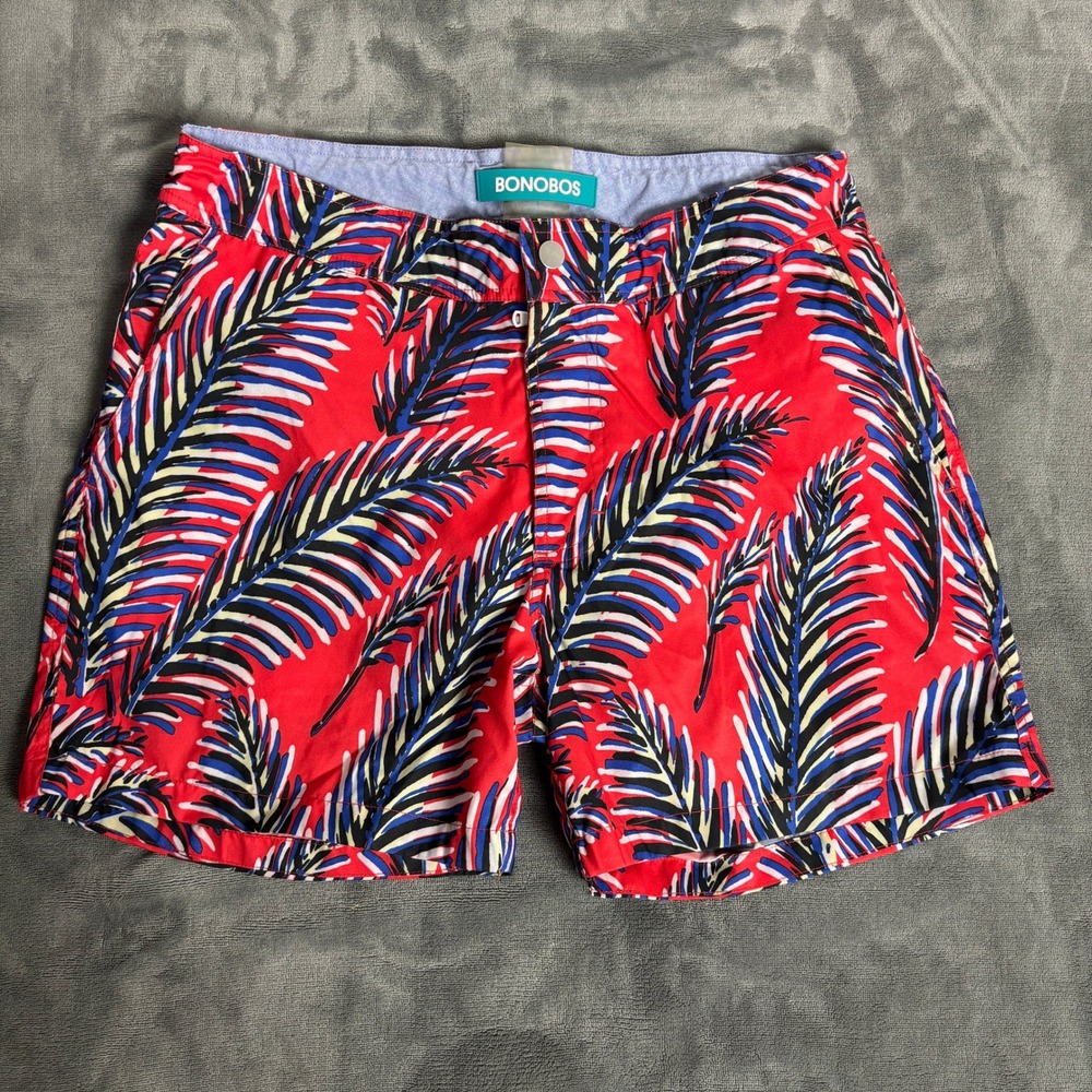 Bonobos Men's 29 Red Tropical Palm Print Swim Trunks 5" Inseam Lined Vacation
